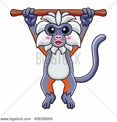 Vector Illustration Of Cute Zanzibar Red Colobus Monkey Cartoon Hanging On Tree