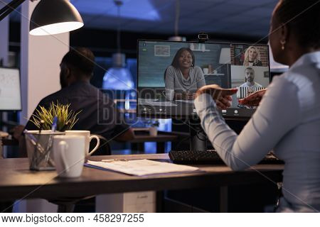 Businesswoman Talking To Colleagues On Remote Videoconference, Using Online Telework Videocall To Ch