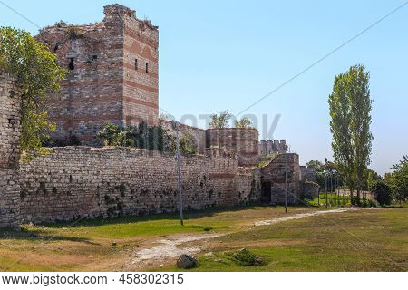 Istanbul, Turkey - September 14, 2017: These Are The Ruins Of The Ancient Fortress Walls Of Constant