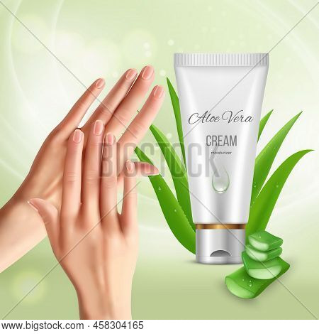 Aloe Vera Background With Human Hands Inuncting Cream Moisturizer With Images Of Aloe Plant And Tube