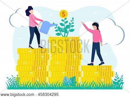 Vector Illustration Of Successful Entrepreneur. Growth Of Income And Profit As A Concept Of Financia