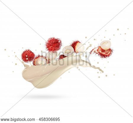 Whole And Crushed Rambutan Fruits With Splashes Of Fresh Juice, Isolated On A White Background