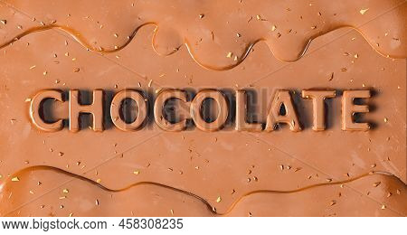 3d Rendering Top View Of Delicious Melted Chocolate With Golden Sprinkles And Three Dimensional Insc