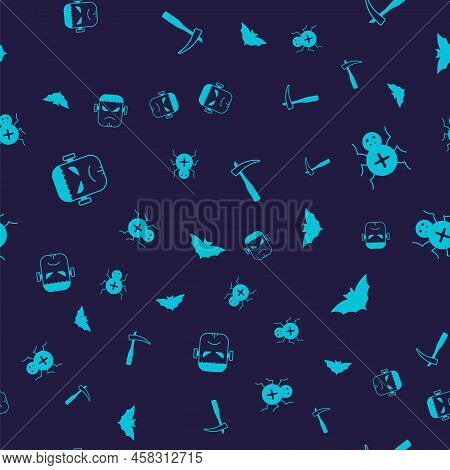 Set Frankenstein Face, Spider, Scythe And Flying Bat On Seamless Pattern. Vector