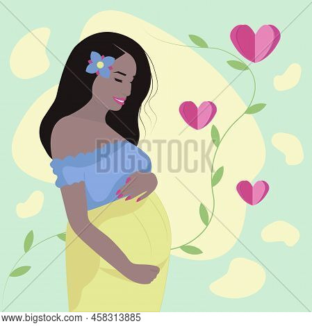 Pregnant Woman, Brunette. Illustration With Boho Style Accents And Paper Cut Effects