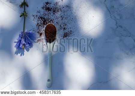 Blue Chicory Flower And Chicory Root Coffee Powder In White Ceramic Spoon On Marble Table In Sunligh