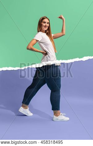 Creative Art Collage With Young Slim Girl And Plus-size Woman Wearing Sport Uniform Isolated On Gree