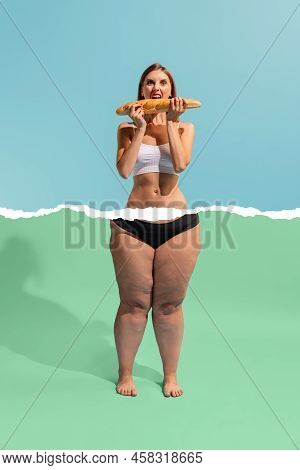Young Slim Shocked Girl With Body Of Plus-size Woman Isolated On Blue-green Background. Weight Loss,