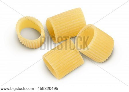 Raw Italian Pasta Isolated On White Background. Mezze Maniche Rigate Bronze Die. Top View. Flat Lay