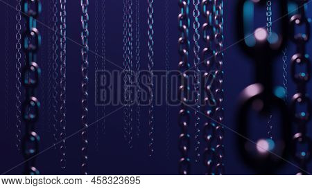 Indastrial Background With Hanging Metal Chains. Abstract Dark Blue Horror Design Concept. 3d Render