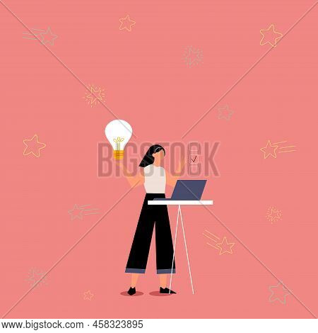 Illustration Of Girl Using Laptop Having New Amazing Ideas And Making Checklist. Lady Drawing Workin