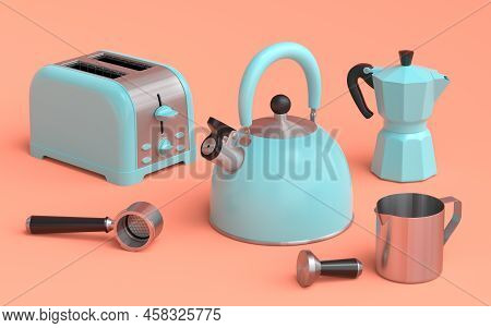 Kettle, Toaster, Coffee Machine Horn And Geyser Coffee Maker On Coral Background