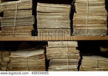 Heaps And Stacks Of Old Papers And Documents, Storage Of Archives, Long-term Storage Of Notarial Doc