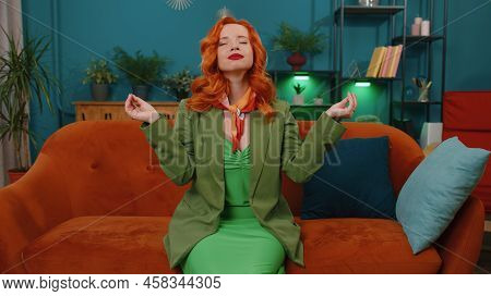 Keep Calm Down, Relax, Inner Balance. Woman Breathes Deeply With Mudra Gesture, Eyes Closed Meditati