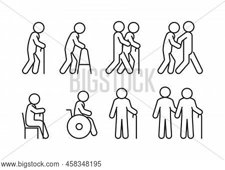 Senior Elder People Line Icon Set. Old Persons With Stick And Handicap. Linear Symbol. Disabled Care