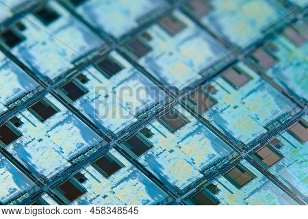 Silicon Monocrystalline Wafer With Microchips After Photolithography Etching Manufacturing Used In F
