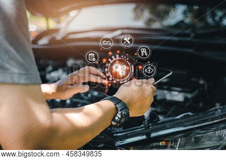 Car Business Concept And Technology On Virtual Screen, Serviceman Working Onsite Use Tablet Check Se