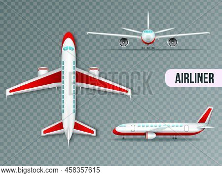 Wide Body Large Civil Jet Airliner Top Front And Side Views Realistic Images Set Transparent Vector 