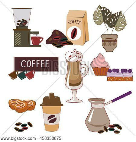 Pastry Items And Coffee Drinks Icons Set, Flat Cartoon Hand Drawn Vector Illustration Isolated On Wh
