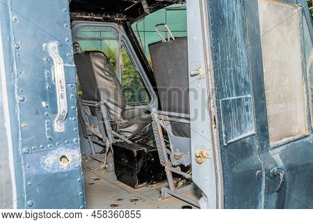 Jeju City, South Korea; June 20, 2022: View Into Cockpit Of Bell Uh-1b Helicopter At Museum.
