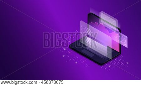 Web Pages On The Laptop Screen. Modern Technological Background. Conceptual Banner Of Web Technologi