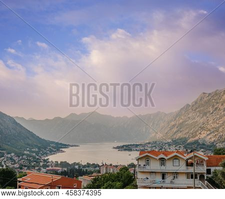 Sunset At Kotor Bay Montenegro. Sunset Beautiful Landscape. Travel Concept. Montenegro, Kotor Bay. V