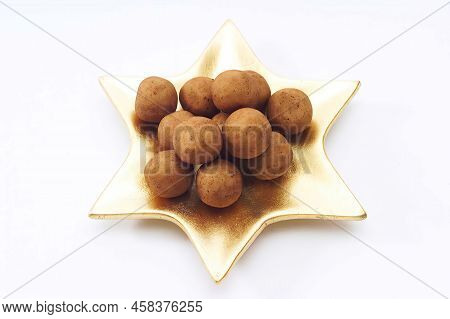 Marzipankartoffeln, Traditional German Confectionary, White Background, Top View