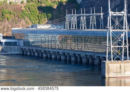 Krasnoyarsk, Russia - July 9, 2022: Krasnoyarsk Dam Or Hydroelectric Power Station On The Yenisei Ri