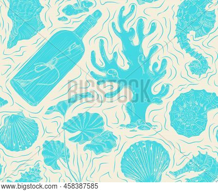 Vector Seamless Pattern On The Theme Of The Sea Depths. Ideal For Textile Printing, Wallpapers And P