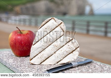 French Heartshaped Neufchatel Cow Cheese Served With Apple And View On Alebaster Cliffs Porte D'aval