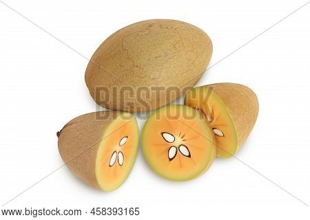 Sapodilla Isolated On White Background With Full Depth Of Field. Top View. Flat Lay