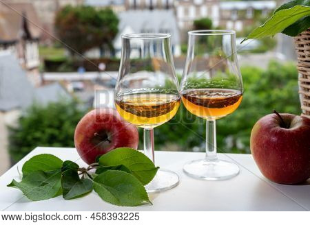 Tasting Of Strong Alcoholic Drink Calvados Made From Apples In Normandy, Calvados Region, France