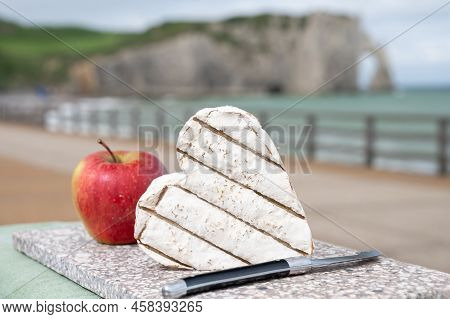French Heartshaped Neufchatel Cow Cheese Served With Apple And View On Alebaster Cliffs Porte D'aval