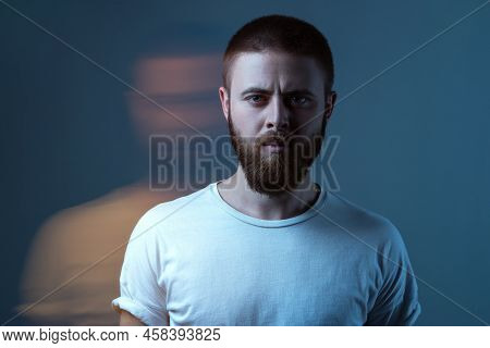 Double Exposure Crative Portrait Of Artistic Bearded Model Man In White T-shirt Looking At Camera Wi