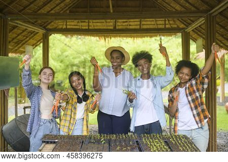 Group Of Mixed Race Students And Teacher Learning Agriculture  Technology In Smart Farming , Educati