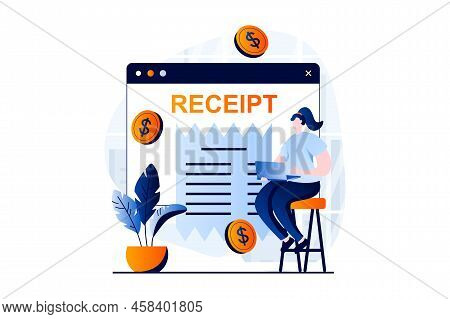 Electronic Receipt Concept With People Scene In Flat Cartoon Design. Woman Receives Online Payment T