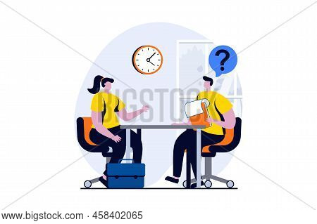 Employee Hiring Process Concept With People Scene In Flat Cartoon Design. Woman Candidate Talking To
