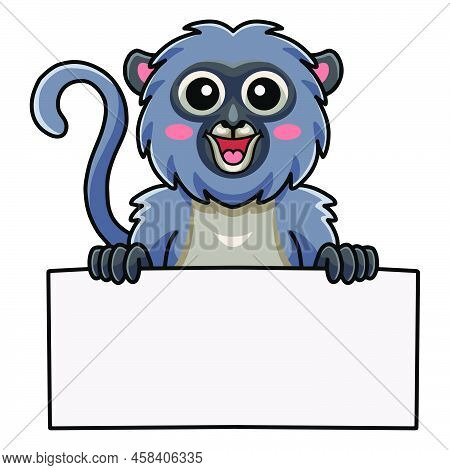 Vector Illustration Of Cute Dusky Leaf Monkey Cartoon Holding Blank Sign