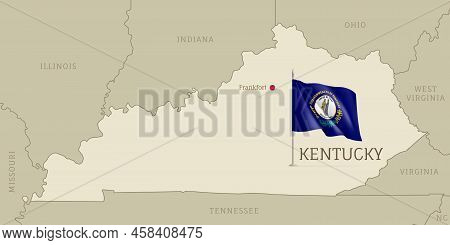 Map Of Kentucky Usa Federal State With Waving Flag. Highly Detailed Editable Map Of Kentucky State W