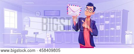 Man Show Envelope In Post Office Interior With Reception Desk And Parcels Lying On Shelves. Mail Del