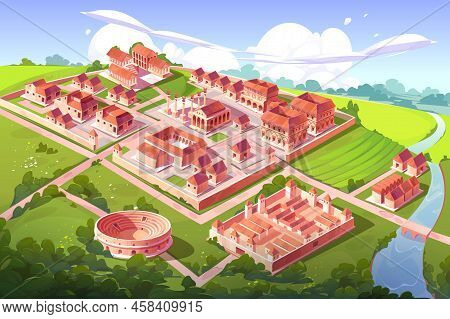 Ancient Rome City, Isometric Cartoon Cityscape With Buildings Of Capitol, Basilica With Square, Cast
