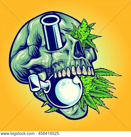 Stone Skull With Kush Glass Bong Vector Illustrations For Your Work Logo, Merchandise T-shirt, Stick