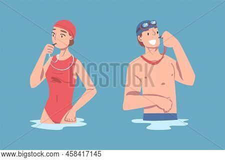 Man And Woman Coaches Standing In Swimming Pool Teaching People To Swim Vector Illustration