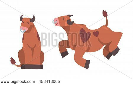 Brown Spotted Bull Sitting And Jumping, Ox Farm Animal Cartoon Vector Illustration