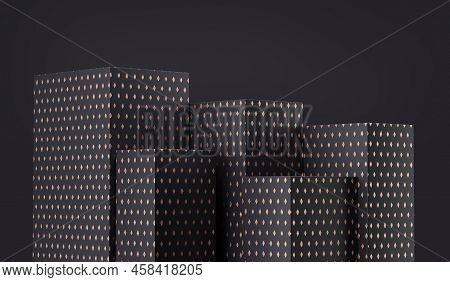Five Realistic Dark Platform, Stage With Empty Pedestals. Сubic Shape 3d Podium For Product Display 