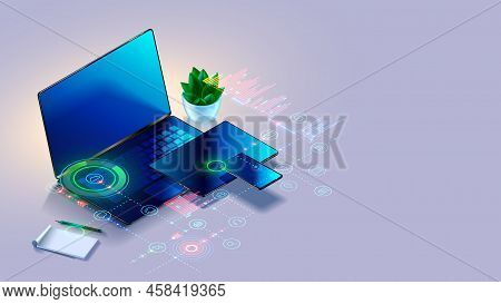 Laptop, Tablet, Phone On Table In Isometric. Tech Icons Of Computer Technology, Software Develop Ove