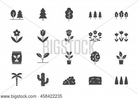 Plants Flat Black Color Icons. Vector Illustration Include Icon - Green Fence, Wood, Houseplant, Thu