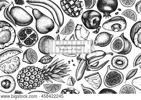 Fruits Seamless Pattern Background Design. Engraved Style. Hand Drawn Bananas, Pears, Kiwi Fruit, Ap