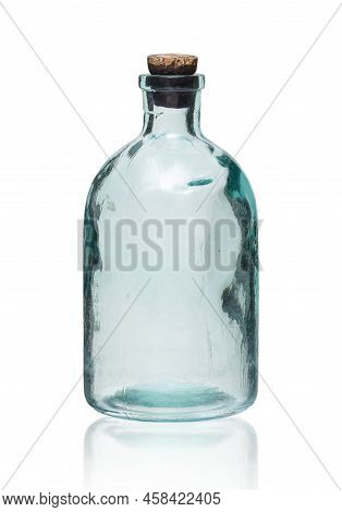 Vintage Small Glass Bottle With Paper Cork Isolated On White. With Clippng Path