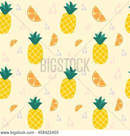 Seamless Pattern Pineapple And Orange On Yellow Background.